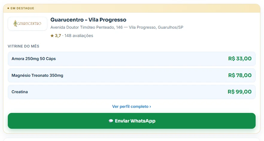 Card Em destaque da Guarucentro na lista de Guarulhos, com logo, nota do Google, outlet de ofertas com três produtos e botão Enviar WhatsApp.